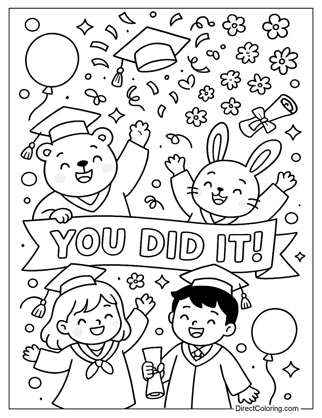 a coloring page with the words “You Did It!” on a banner, with celebratory cartoon characters, balloons, and confetti